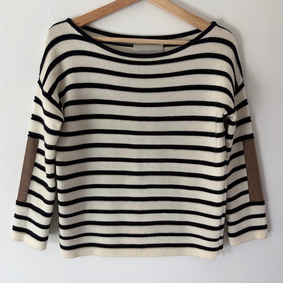 Brochu Walker Sweaters - Brochu Walker Ivory & Black Stripe Knit Pima Cotton Sweater With Elbow Patches